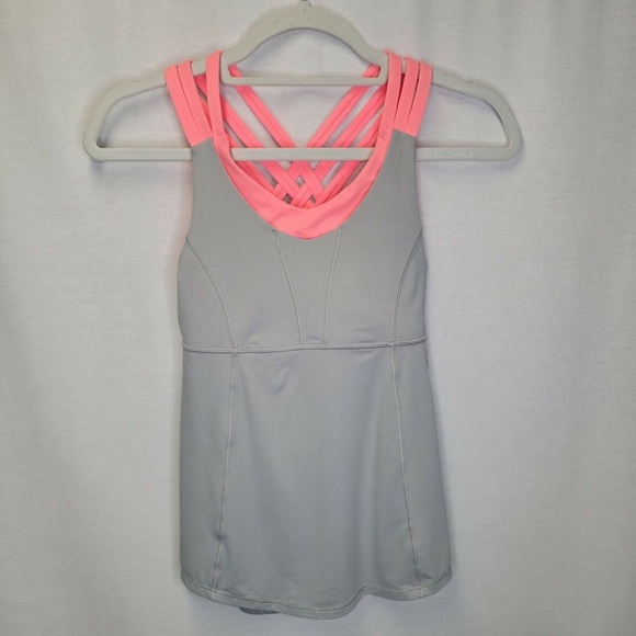 Lululemon Women's Size 4 Tank Top Gray Pink Strappy Built In Bra Beat The Heat - Picture 1 of 4